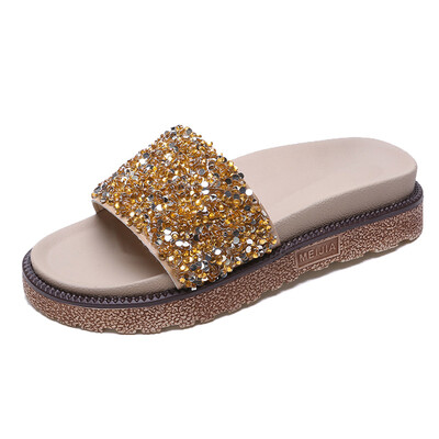 

Slipper womens summer fashion wear Korean version of rhinestone sequins drag sponge cake thick beach slippers