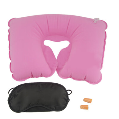 

Gobestart Inflatable Travel Pillow Neck U Rest Air Cushion Eye MaskEarbuds Pink