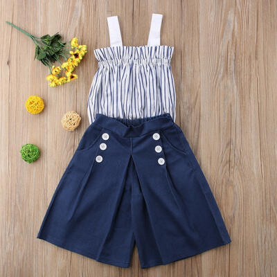 

Kids Baby Girl Vertical Striped&Straps TopsLoose Denim Leggings Summer Clothes
