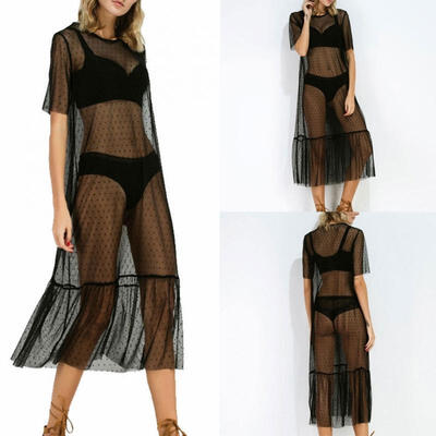 

Sexy Women Mesh Sheer Dots Maxi Dress Beach Tulle Bikini Cover Up Party Clubwear