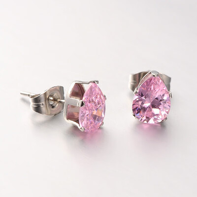 

304 Stainless Steel Pave Cubic Zirconia Ear Studs Drop Stainless Steel Color PearlPink 10x8x5mm Pin 07mm