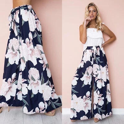 

Women Boho Floral Long Pants Palazzo Baggy Wide Leg Summer Casual Yoga Trousers