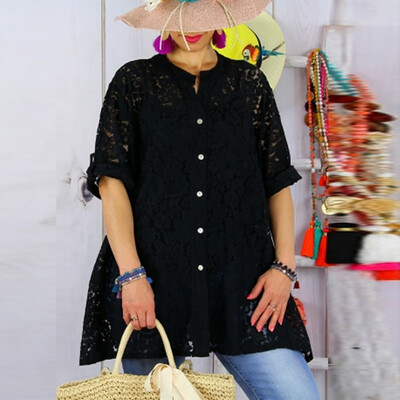 

Starmoon Women Fashion Summer V Neck Solid Lace Shirt Buttoned Loose Blouse Top