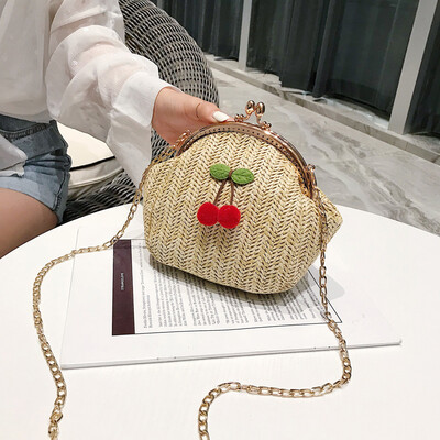 

Tailored Womens Fashion Retro Woven Shoulder Bag Cherry Handbag Woven Bag Beach Bag
