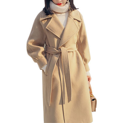 

Women Loose Winter Solid Color Lapel Double-breasted Casual Lantern Sleeve Warm Wool Coat With Belt
