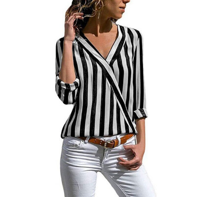 

2019 Fashion Spring Sexy V-Neck Womens Blouse Female Girl Striped Long-Sleeved Irregular Work Office Woman Blouses