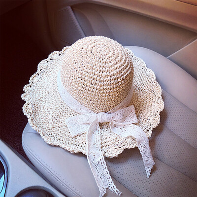 

Korean version of summer straw hat hand-hooked womens big-brimmed hat folding beach HAT LACE BOW shade hat sunhat