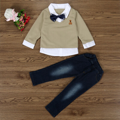 

1Set Kids Baby Boy Long Sleeve False Two Pieces Shirt TopsPants Clothes Outfits