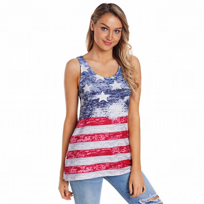 

Printed round neck sleeveless Slim T-shirt womens casual straight top