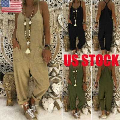 

US Women Casual Loose Linen Cotton Jumpsuit Dungarees Playsuit Trousers Overalls