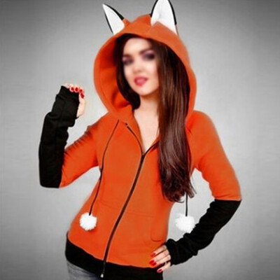 

Women Long Sleeve Casual Coat Cartoon Zipper Hoodie Color Block Sport Sweatshirt