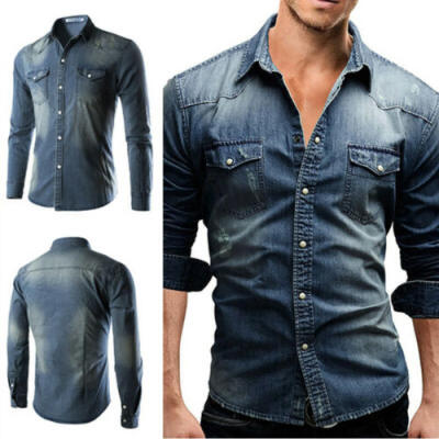 

UK Mens Casual Shirt Slim Fit Long Sleeve Dress Shirt Jeans Denim T-shirt Tops