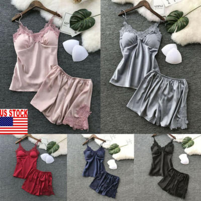 

US Summer Women Sexy Pajamas Silk Pijamas Sleepwear Deep V Sling Lingerie Set