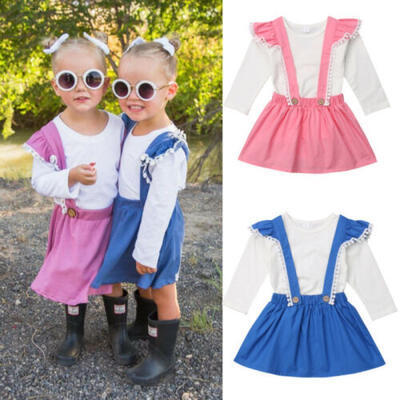 

US Kid Baby Girls Toddler Top T shirt Strap Ruffle Skirt Dress Outfit Set