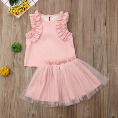 

US Princess Kids Baby Girls Flower Tops T-shirt Tulle Skirt Dress Outfit Clothes