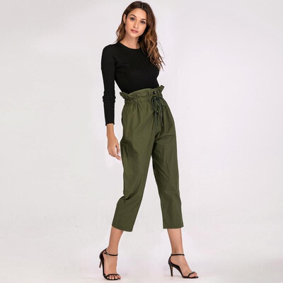 

Fashion Women Pants Solid Color Ruched High Waist Casual Tie-Waist Work Office Cropped Trousers Green