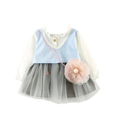 

Girls Dress Flower Mesh Autumn Long Sleeve Baby Girl Dress Fake 2PCS Vest Kids Dresses For Girls Children Clothing