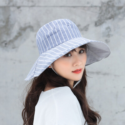 

Cotton&hemp hat female spring&summer sunshade hat outdoor sun hat eaves wear large stripes sunscreen hat basin hat