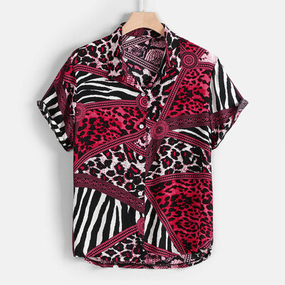 

Tailored Mens Summer Fashion Lapel Panel Striped Leopard Print Short Sleeve Shirt Top
