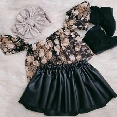 

Kids Baby Girl Off shoulder Tops SkirtPU Skirt 2Pcs Clothes Outfits Party