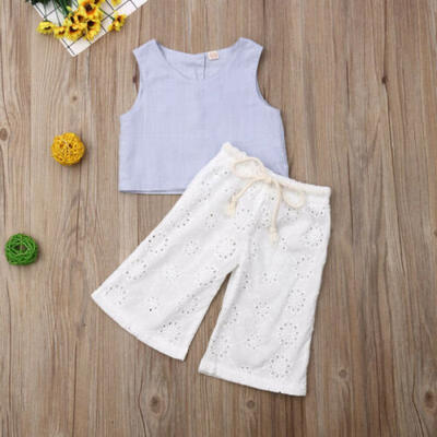 

US 2019 Infant Baby Girls Sleeveless Linen Top Hollow Trousers Pants Clothes Set