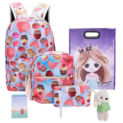 

7pcsSet Unisex Food Print Canvas Backpacks Travel Stationery Shoulder Bags