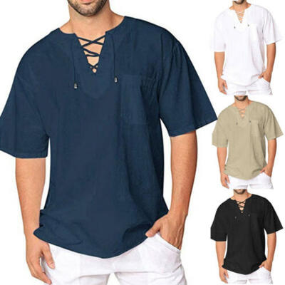 

Mens Summer T-Shirt Thai Hippie Shirt V-Neck Beach Yoga Top Festival Causal Tee