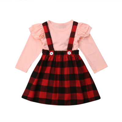 

2PCS Toddler Kids Baby Girl Christmas Outfits Clothes T-shirt TopsPlaids Skirt