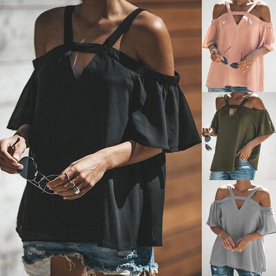 

Women Off The Shoulder Short Sleeve Sweatshirt Pullover Tops Blouse Shirt