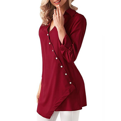 

Women Shirts Blouses Long Sleeve V Neck Solid Asymmetric Buttons Chiffon Blouse Tops V-Neck Office Style Blusas