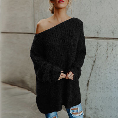 

Autumn Winter Women Fashion Casual Solid Color Long Sweater Long Sleeve Off Shoulder Loose Knit Tops Sweater