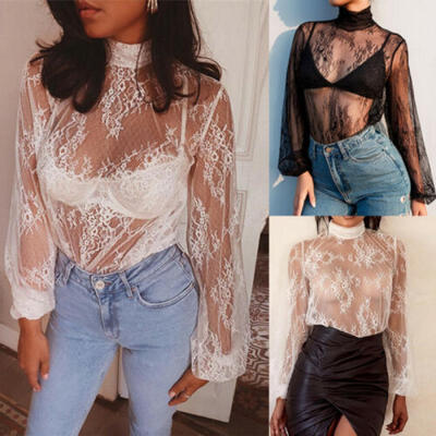 

Women Sexy High Neck Transparent Mesh Sheer Crop Top T-Shirt Blouse Tee Tops