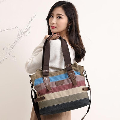 

Women Casual Striped Canvas Handbag Shoulder Bag Contrast Large Capacity Tote Messenger Crossbody Bag