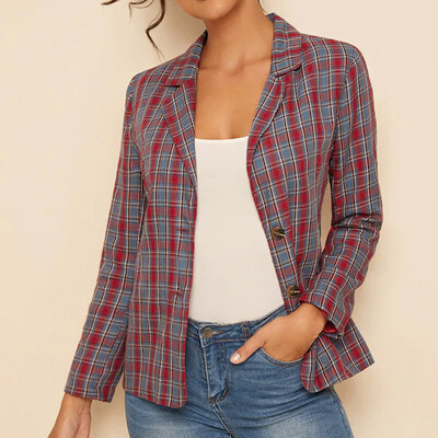 

Tailored Womens Casual V-Neck Printed Plaid Top Blouse Warm Coat Outwear