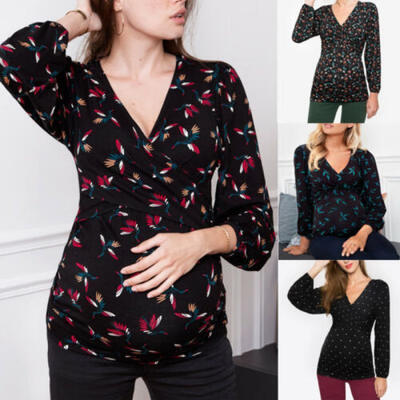 

Womens V-Neck Maternity Nursing Tops Pregnancy Long Sleeve Blouse Casual T-shirt