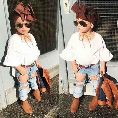 

Casual Kids Baby Girls Outfits Tunic Tops Dress Ripped Denim Pants Jeans Clothes
