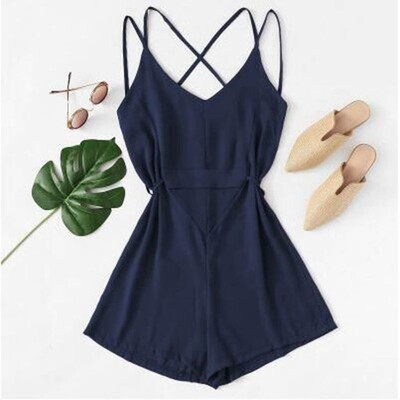 

Starmoon Women Sleeveless V-Neck Waist Drawstring Short Playsuit Rompers Jumpsuit