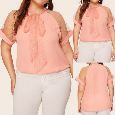 

Roseonmyhand Fashion Women Casual Plus Size Solid Hollow Out Lace up Short Sleeve Tops