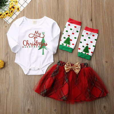 

New Infant Baby Girl My First Christmas Romper Clothes Playsuit Warm Legs Outfit