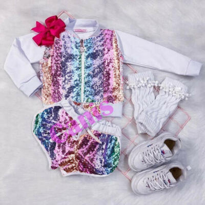 

Toddler Kids Baby Girl Zipper Pullover Tops Jacket Shorts Sequins Outfit Clothes