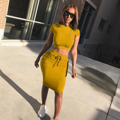 

Roseonmyhand Summer Women Hollow Short Sleeve Skirt Two Sets Sexy Casual Party Dresses