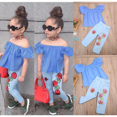 

Kids Baby Girl Outfit Off Shoulder Shirt T-shirt TopsLong Pants Jeans Clothes
