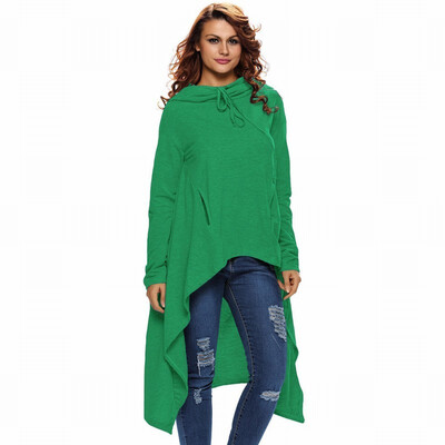 

Gray plain zipper long sleeve loose front short long hooded top