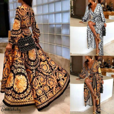 

Women Summer Leopard Long Maxi Dress Cocktail Party Beach Dresses Slit Sundress
