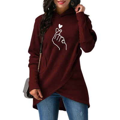 

New Women Fashion Long Sleeve Finger Heart Printed Hoodie Casual Solid Color Front Cross Irregular Hooded Sweatshirt