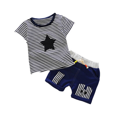 

Summer Baby Boy Short Sleeve Stripe Star Print T Shirt Elastic Waist Shorts 2Pcs Suit Set