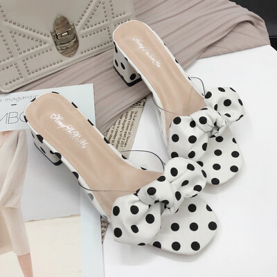

Ins slippers for women wearing bow-tied square-headed high heels with 100 sets of sandals outside Xia Han Edition