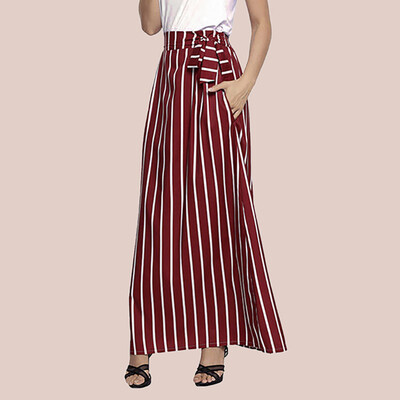 

Roseonmyhand Women Casual Striped Ankle-length Chiffon Empire Lace-Up Vintage Long Skirt