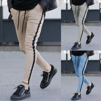 

Mens Casual Striped Pants Slim Fit Sport Gym Skinny Pencil Trousers Sweatpants