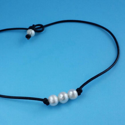

Women Freshwater Pearl Necklace Leather Cord Choker Jewelry Handmade New